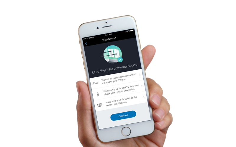 Hand holding mobile device showing troubleshooting